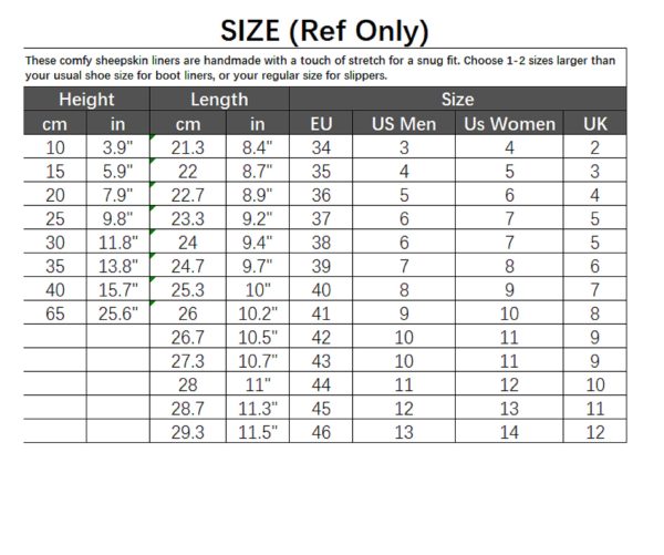 sheepskin shearling boot liner size chart