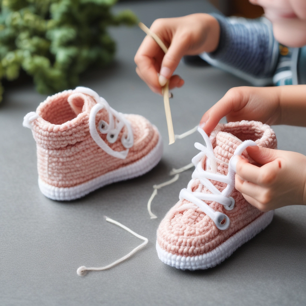 A pair of woven shoes and a birch bark container are displayed on a wooden surface inside a glass case. The shoes have a detailed basket-like pattern, and the container shows natural textures. The background features red fabric adorned with intricate white embroidery and blue accents.